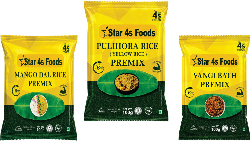 Star 4s Foods Instant Premix Combo Pack of 3 | Pulihora Rice, Mango Dal Rice & Vangi Bath Premix | Ready in 6 Minutes | High Protein | 100% Vegetarian | 100g Each