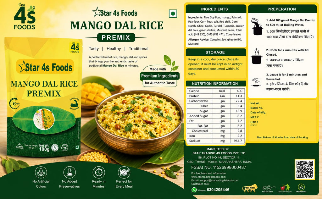 Star 4s Foods Mango Dal Rice Premix, High Protein, Ready in 6 Min, 100g Each, Pack of 3