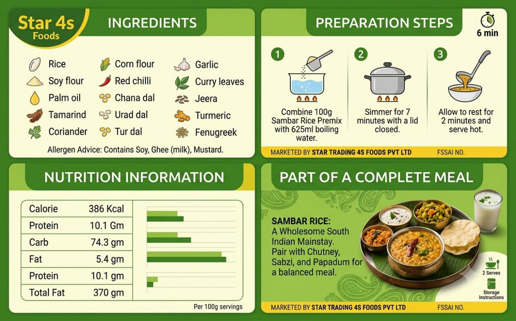Star 4s Foods Sambar Rice Premix, High Protein, Ready in 6 Min, 100g Each, Pack of 3